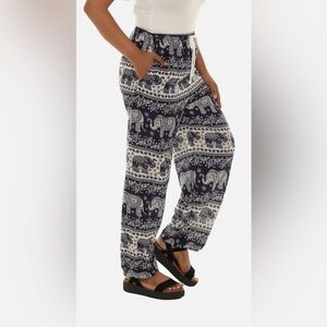 Thai-Style Elephant Print Harem Pants Tan & Dark Blue w Elasticized Waist & Cuff